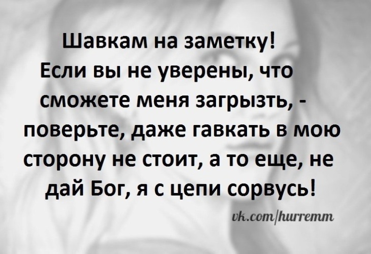 И сила моя в том что никто из вас мне не нужен. Есть к чему поверьте. Статус про шавку. Анекдот про склероз и понос. Стоит только поверить.