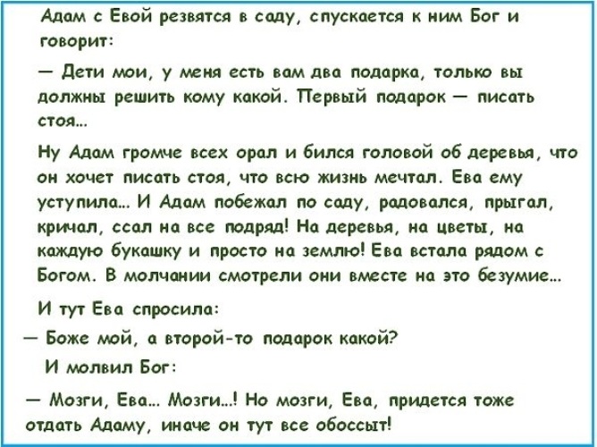 Стоит писать бывшей. Анекдот про Адама и Еву. Анекдот про Адама и Еву про мозги. Анекдот про Адама. Анекдоты про Бога и Адама.