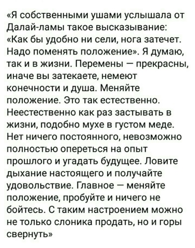 Миша краем уха услышал новости. Далай лама нога затечет. С таким настроением ты слона не продашь. Далай лама как бы удобно вы ни сели нога затечет. Как бы удобно вы не сели нога затечет надо поменять положение.