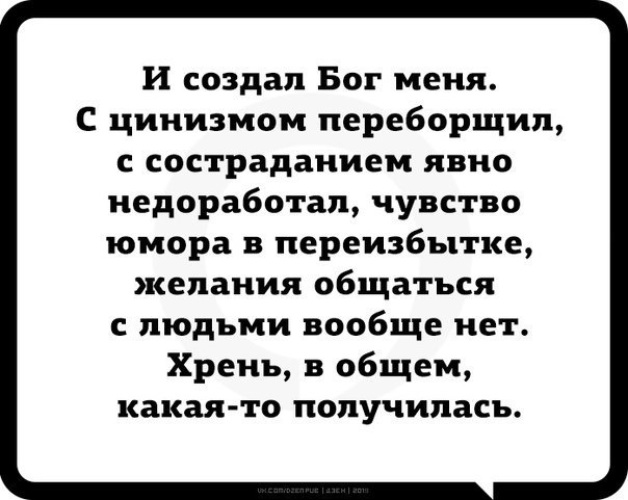 Сделай чувство. Чувство юмора у Бога. Бог переборщил. На 8 день Бог создал чувство юмора. И создал Бог меня с цинизмом переборщил.