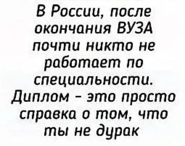 Почти никого. Почти никто не работает по специальности диплом это справка. Диплом это справка что ты не дурак. Справка о том что ты дурак. Справка что ты дурак диплом.