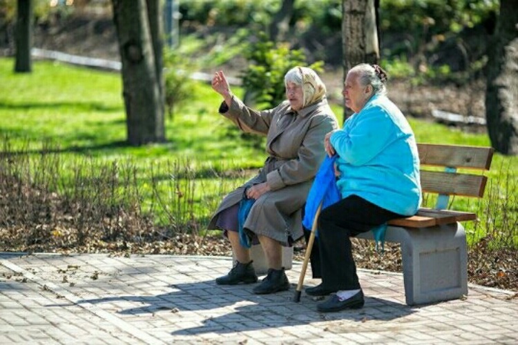 На скамейке во дворе бабушки сидят